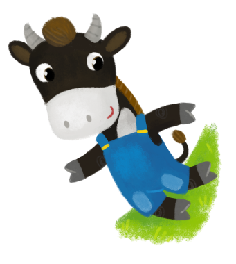 Mutlu çiftçi inek ineğinin çocuklar için çayırlarda koşuşturduğu karikatür sahnesi.