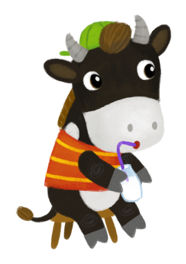 Mutlu çiftçi inek çiftliği boğasıyla çizgi film sahnesi. Kot pantolonlu ve çocuklar için süt resimlerini içiyor.