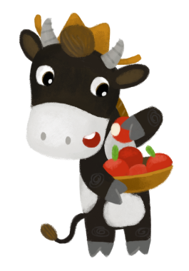 Mutlu çiftçi inek çiftliğinin olduğu çizgi film sahnesi çocuklar için elma resimleriyle dolu sepeti tutuyor.