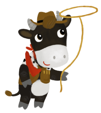 Mutlu çiftçi inek çiftliği boğasının ip tuttuğu çizgi film sahnesi ve çocuklar için kement çizimi.