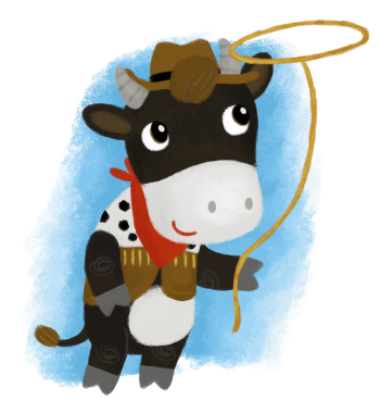 Mutlu çiftçi inek çiftliği boğasının ip tuttuğu çizgi film sahnesi ve çocuklar için kement çizimi.