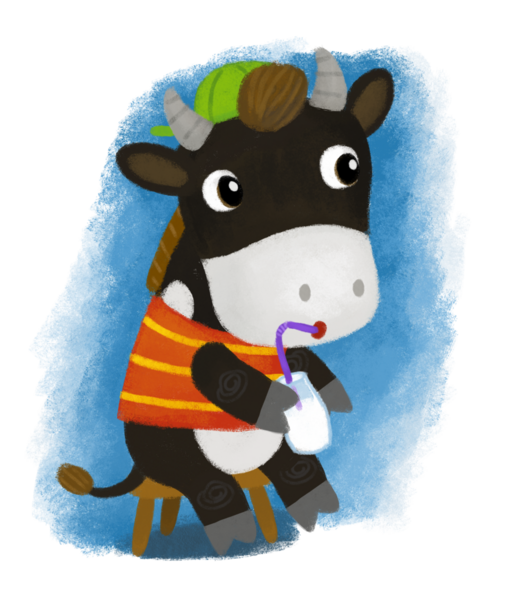 Mutlu çiftçi inek çiftliği boğasıyla çizgi film sahnesi. Kot pantolonlu ve çocuklar için süt resimlerini içiyor.