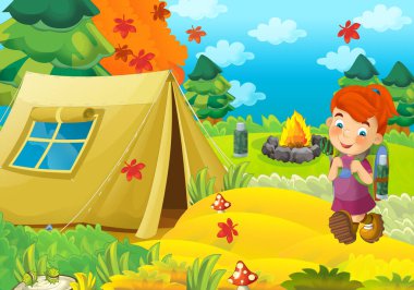 Doğada gezen genç bir çocuğun olduğu çizgi film sahnesi. Neşeli izci çizimi.