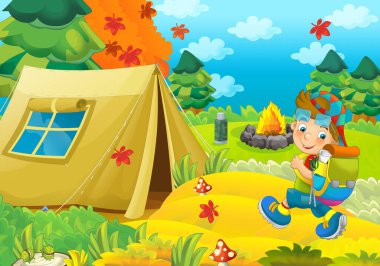 Doğada gezen genç bir çocuğun olduğu çizgi film sahnesi. Neşeli izci çizimi.