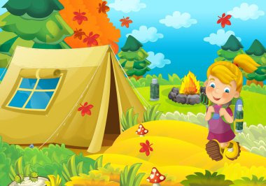 Doğada gezen genç bir çocuğun olduğu çizgi film sahnesi. Neşeli izci çizimi.