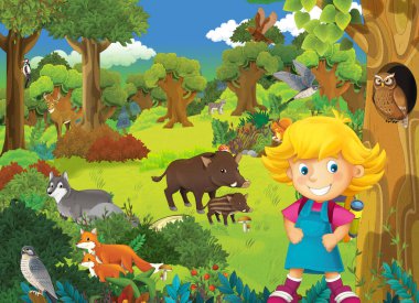 Doğada gezen genç bir çocuğun olduğu çizgi film sahnesi. Neşeli izci çizimi.