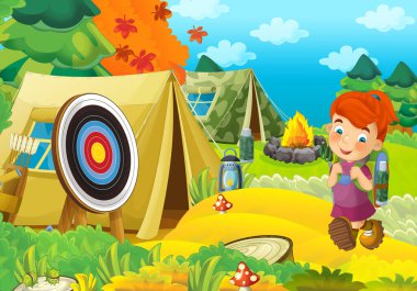 Doğada gezen genç bir çocuğun olduğu çizgi film sahnesi. Neşeli izci çizimi.