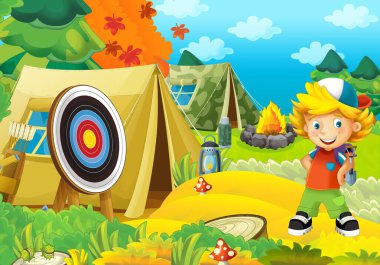 Doğada gezen genç bir çocuğun olduğu çizgi film sahnesi. Neşeli izci çizimi.