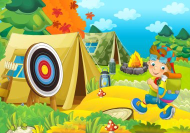 Doğada gezen genç bir çocuğun olduğu çizgi film sahnesi. Neşeli izci çizimi.