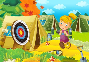 Doğada gezen genç bir çocuğun olduğu çizgi film sahnesi. Neşeli izci çizimi.