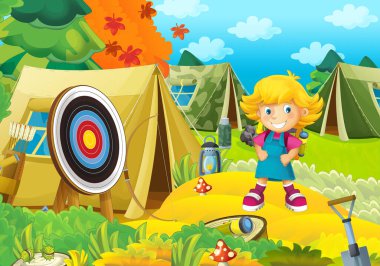 Doğada gezen genç bir çocuğun olduğu çizgi film sahnesi. Neşeli izci çizimi.