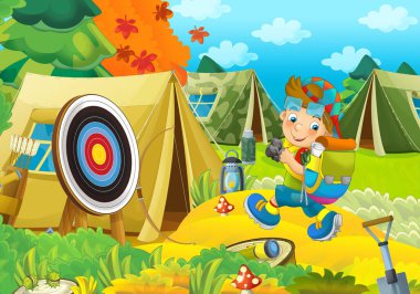 Doğada gezen genç bir çocuğun olduğu çizgi film sahnesi. Neşeli izci çizimi.