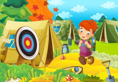 Doğada gezen genç bir çocuğun olduğu çizgi film sahnesi. Neşeli izci çizimi.