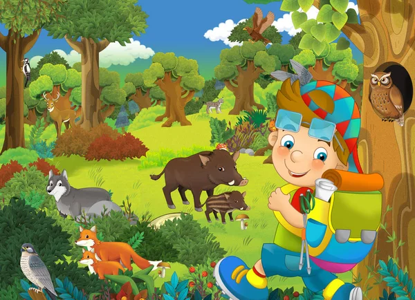 卡通片场景 小孩子在大自然中旅行 童年时代快乐的童军图解 — 图库照片