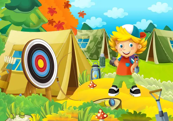 Doğada gezen genç bir çocuğun olduğu çizgi film sahnesi. Neşeli izci çizimi.