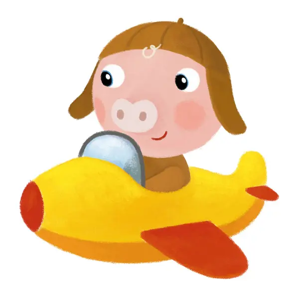 Cartoon Scene Farm Pig Boy Child Flying Plane Transportation Illustration — Stock Photo, Image