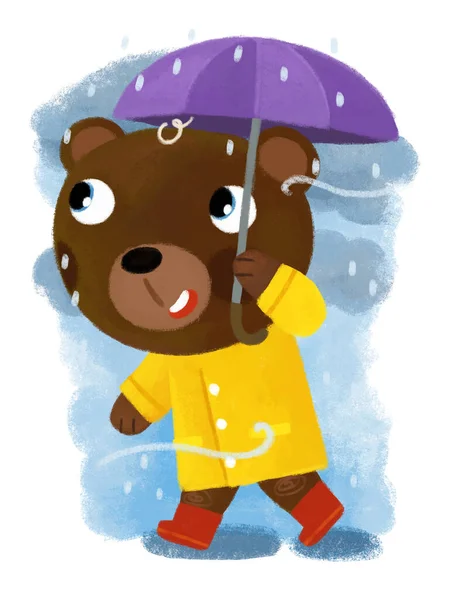 子供のための黄色い雨のコートのイラストで楽しんで雨の傘で旅行で幸せな熊の少年と漫画のシーン — ストック写真