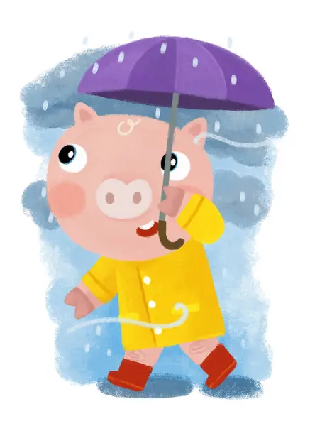 Cartoon Scene Happy Farmer Pig Boy Trip Umbrella Rain Happy — Stock Photo, Image