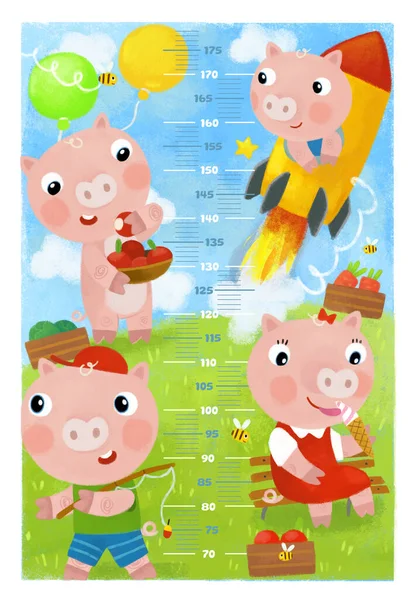 cartoon scene with height measurement for kids with happy play scene with some animals friends happy togehter illustration