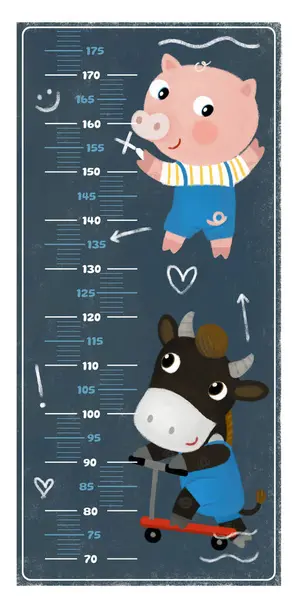 cartoon scene with height measurement for kids with happy play scene with some animals friends happy togehter illustration