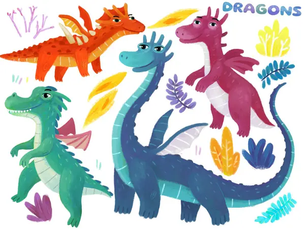 cartoon scene with set of medieval dragons and nature elements on white background illustration for kids