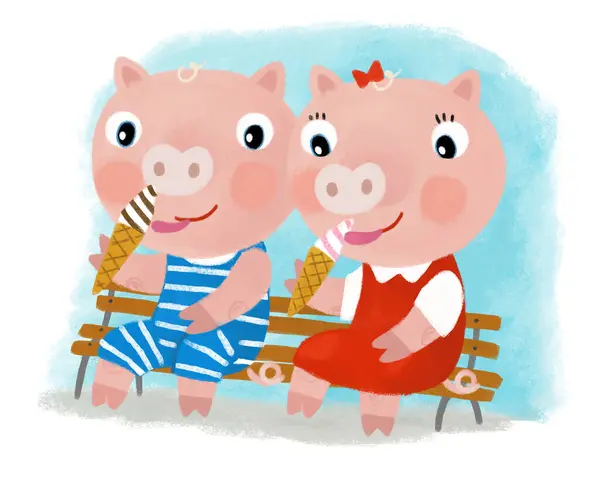 Cartoon Scene Little Piggy Pigs Girl Boy Eating Ice Cream — Stock Photo, Image