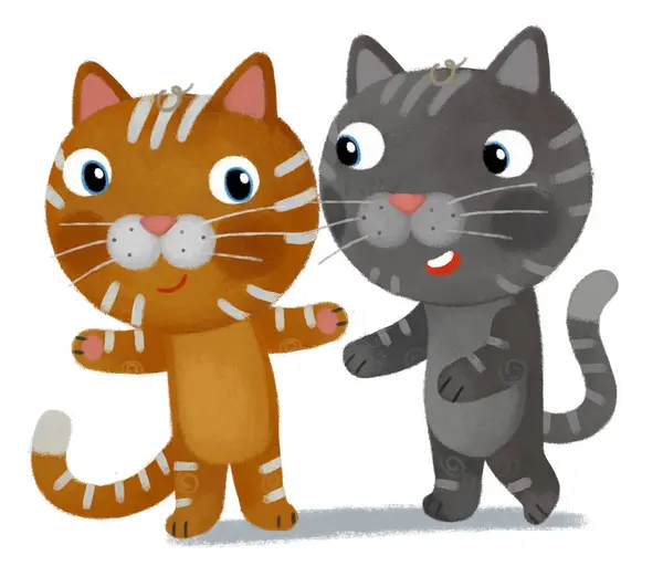 与猫朋友花时间在一起的卡通场景 为孩子们提供有趣的插图 — 图库照片