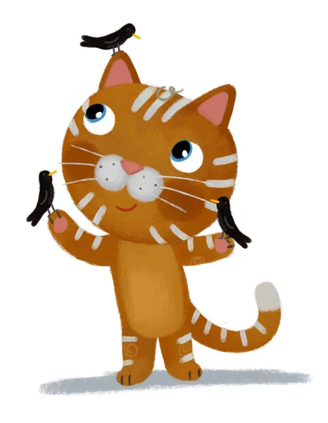 Kreslené Scény Šťastný Kočka Kočička Hrát Ptáky Přátelé Baví Ilustrace — Stock fotografie