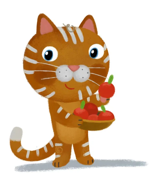 Cena Dos Desenhos Animados Com Gato Feliz Gatinho Comendo Maçãs — Fotografia de Stock