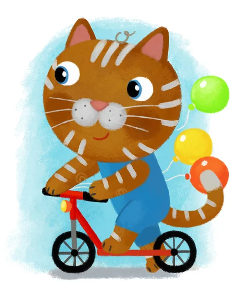 卡通猫骑在滑板车上 为孩子们提供有趣的时间图解 — 图库照片