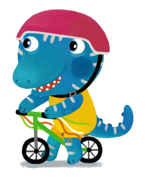 Dinozor Ejderhanın Beyaz Arka Planda Bisiklet Sürerken Eğlendiği Çizgi Film — Stok fotoğraf