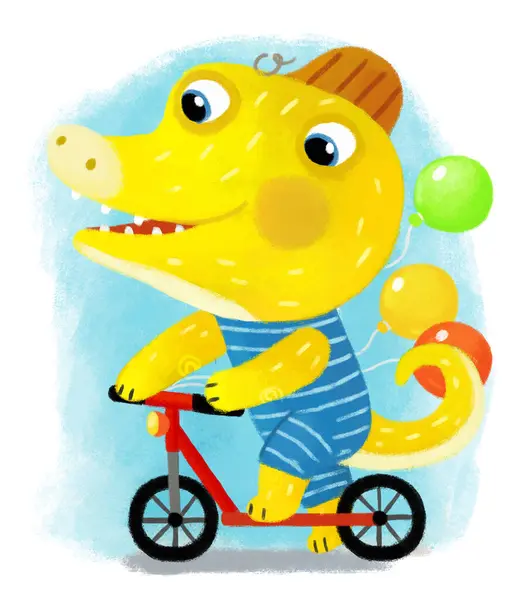 Dinozor Ejderhanın Beyaz Arka Planda Bisiklet Sürerken Eğlendiği Çizgi Film — Stok fotoğraf
