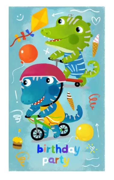 cartoon scene with dino dinosaur or dragon playing having fun on his birthday eating sweets white background illustration for kids