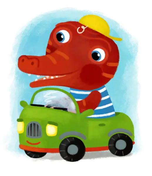 cartoon scene with dino dinosaur or dragon driver playing having fun driving car on white background illustration for kids