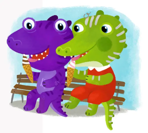 Cartoon Scene Dinos Dinosaurs Dragons Playing Having Fun Bench Park — Stock Photo, Image