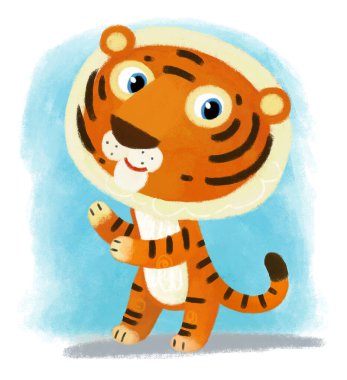 Mutlu küçük kaplan kedinin beyaz arka planda eğlendiği çizgi film sahnesi.