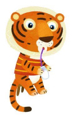 Mutlu küçük kaplan kedinin beyaz arka planda eğlendiği çizgi film sahnesi.