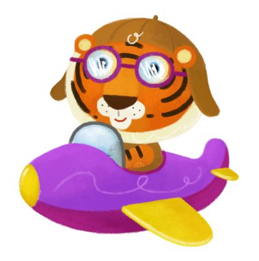 Mutlu küçük çocuk kaplan kedi pilotun çocuklar için beyaz arkaplanda uçarken eğlendiği karikatür sahnesi.