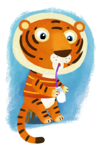 Escena Dibujos Animados Con Gato Tigre Niño Feliz Divertirse Sobre —  Fotos de Stock