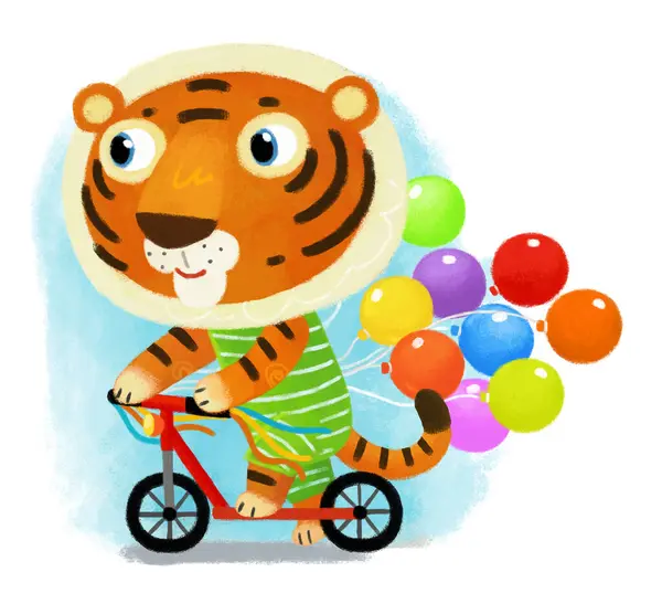 Cartoon Szene Mit Glücklichen Kleinen Jungen Tigerkatze Spaß Beim Rollerfahren — Stockfoto
