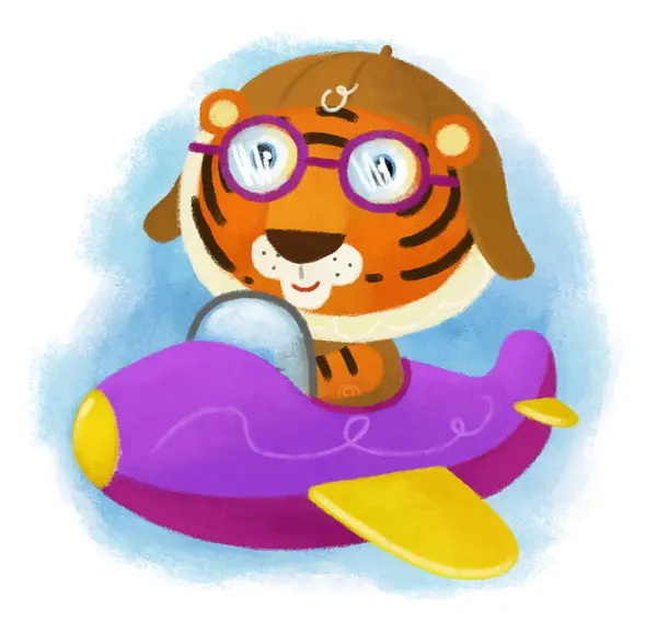 Cartoon Szene Mit Glücklichen Kleinen Jungen Tiger Cat Pilot Spaß — Stockfoto