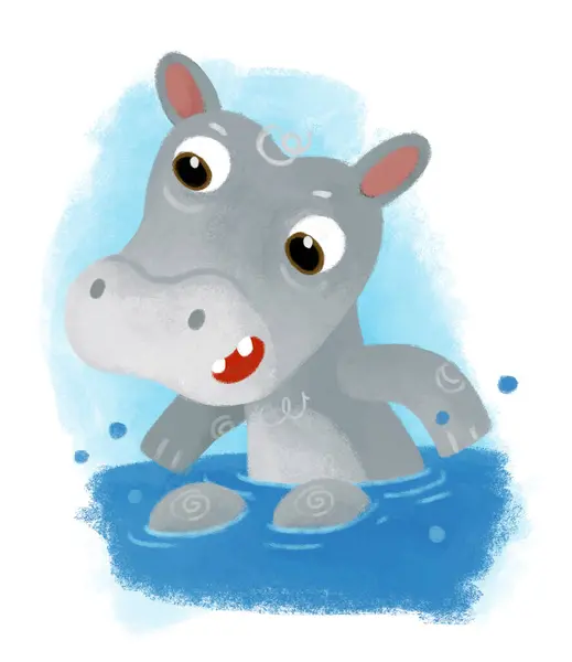 Kreskówka Scena Szczęśliwy Mały Chłopiec Hipopotam Zabawy Pływanie Wodzie Białym — Zdjęcie stockowe