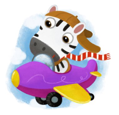 Vahşi hayvan zebra atının beyaz arka planda çocuklar için insan figürleri yaptığı karikatür sahnesi.