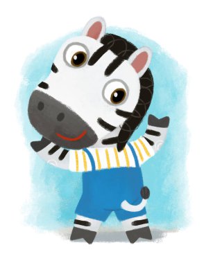 Vahşi hayvan zebra atının beyaz arka planda çocuklar için insan figürleri yaptığı karikatür sahnesi.