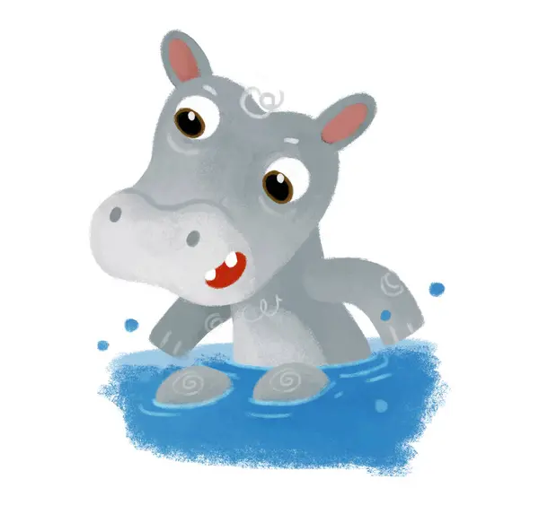 Escena Dibujos Animados Con Niño Feliz Hipopótamo Hipopótamo Divertirse Nadando —  Fotos de Stock