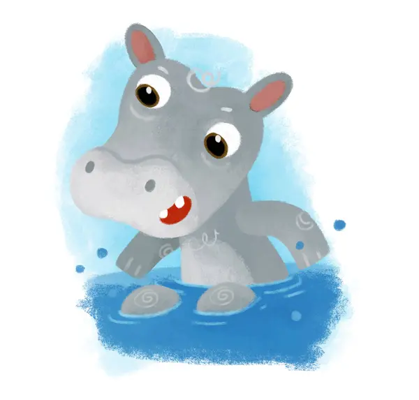 Escena Dibujos Animados Con Niño Feliz Hipopótamo Hipopótamo Divertirse Nadando —  Fotos de Stock