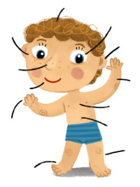 cartoon scene with young boy as anatomy model of body parts on white background illustration for kids clipart