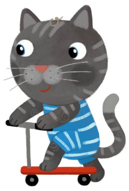 Çizgi film kedisi motosiklete biniyor ve çocuklar için eğlenceli zaman çizimleri yapıyor.