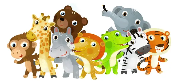 Cartoon Zoo Scène Met Dierentuin Dieren Vrienden Samen Pretpark Witte — Stockfoto