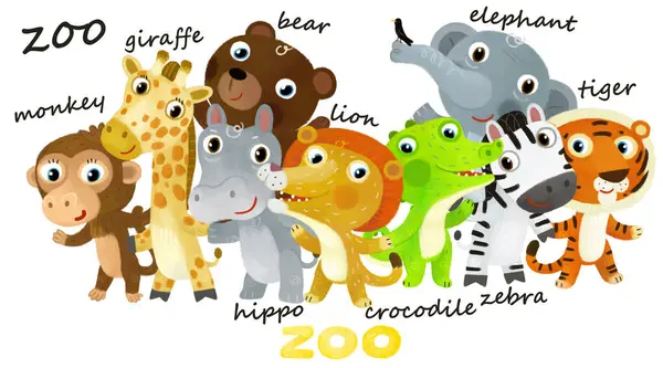 Scena Dello Zoo Dei Cartoni Animati Con Animali Dello Zoo — Foto Stock
